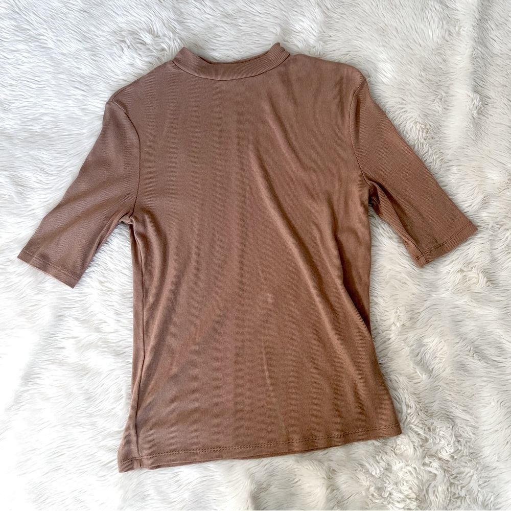 Mock Neck Ribbed Tee in Camel Color